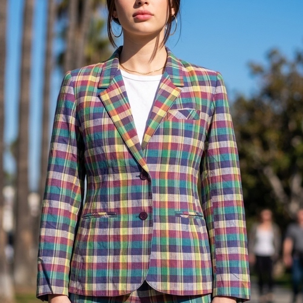 80s Vintage Sasson Rainbow Plaid Cotton Blazer Ivy League Preppy Grandmacore 6/7